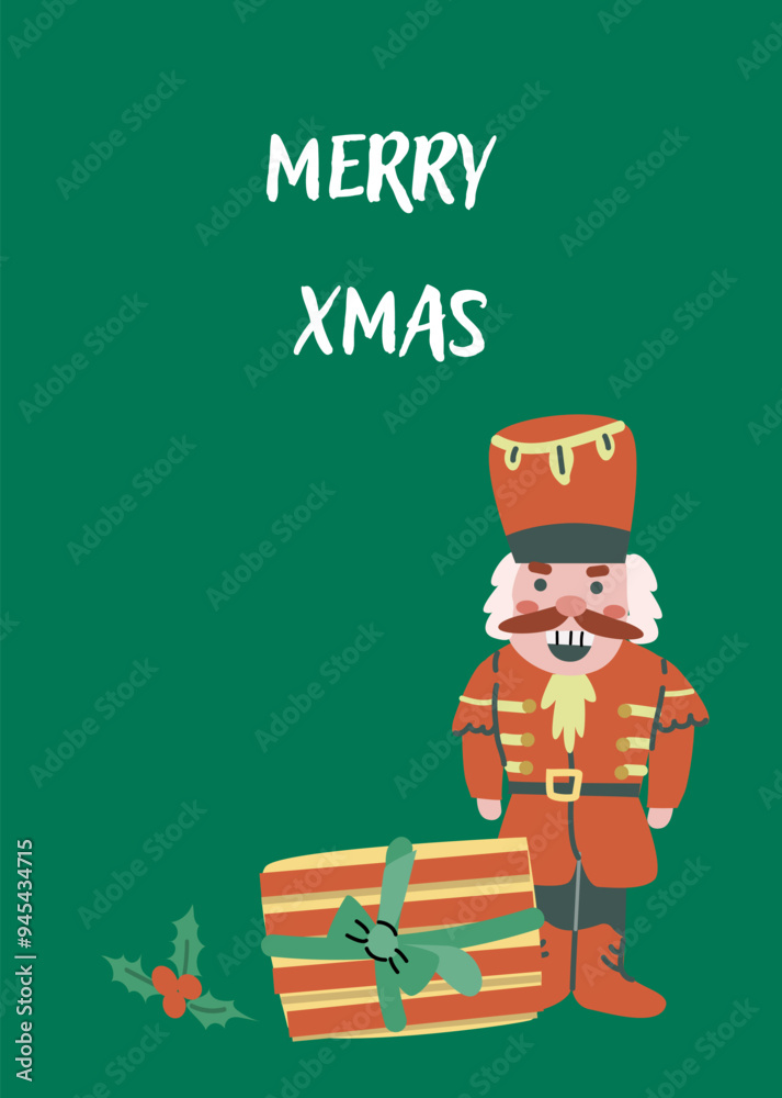 Fototapeta premium Xmas Vertical Card with gift and festive decorations. Cute flat character with present. Happy Holidays greeting card or vertical banner. Cartoon flat illustration.