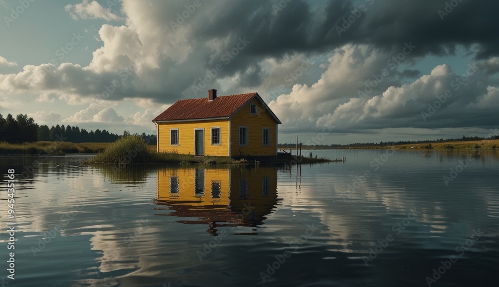 Obraz premium Serene Yellow House by Water