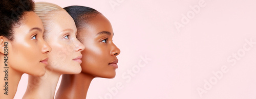 horizontal image, closeup portrait of women, isolated pink background. With copy space for text. Skincare treatment concept. For banner, design, salon, clinic, cosmetologist, web, promo