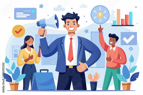 Recommendation, like or business feedback, office reputation, customer feedback or announce best quality promotion, recommend career concept, business people announce on megaphone with thumbs up. 
