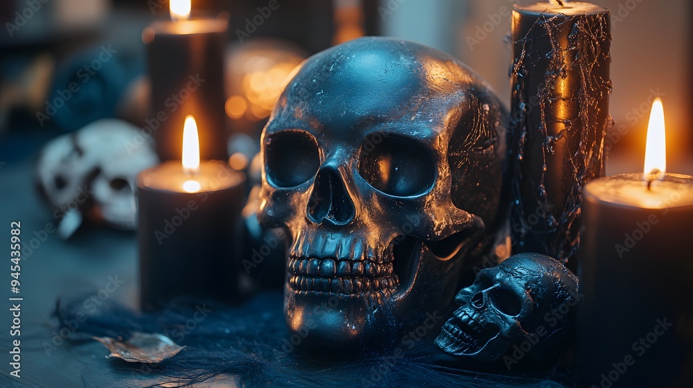 Spooky Halloween Skull with Black Candles and Cobwebs
Spooky Halloween Skull with Black Candles and Cobwebs