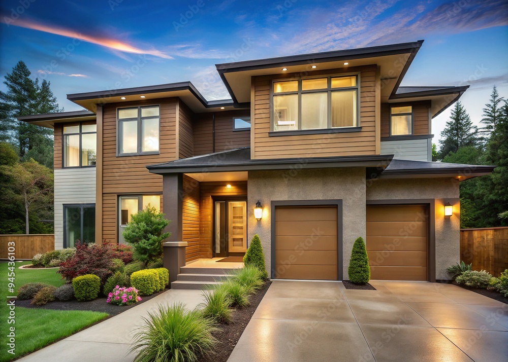 Modern suburban home exterior featuring durable, fiber-cement panels in a warm, earthy tone, complemented by clean lines, neutral trim, and lush green landscaping. Modern suburban home exterior featuring durable, fiber-cement panels in a warm, earthy tone, complemented by clean lines, neutral trim, and lush green landscaping.