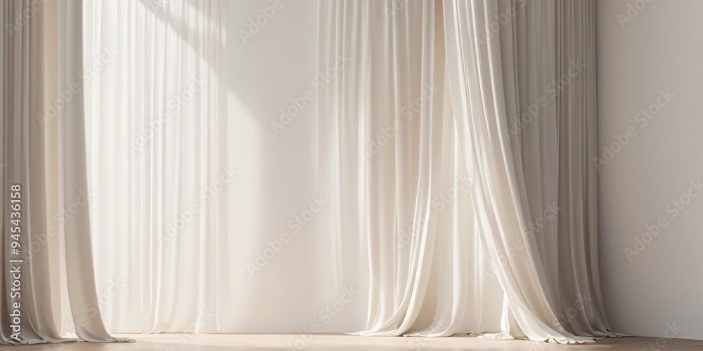 A minimalist wall with the soft, wavy shadows of flowing curtains swaying gently in the breeze, Generative AI