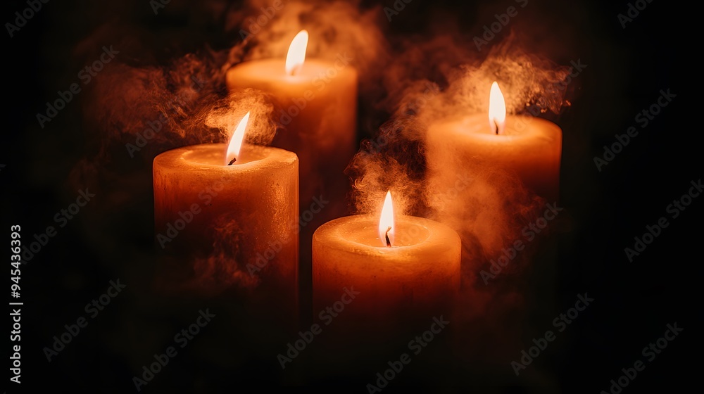 Group of Flickering Candles with Smoke in Dark, Mysterious Setting
