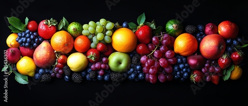 Vividly colored fruits and a variety of foods against a black background, showcasing rich textures and details High contrast, elegant composition photo