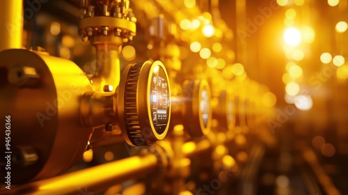 Close-up of industrial gauges and pipes with warm lighting, showcasing precision and technology in a modern facility.