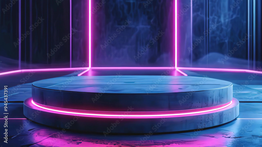 Product display podium illuminated with neon lights on a dark background, perfect for advertising and showcasing in a modern, stylish setting new stock image illustration AI Product display podium illuminated with neon lights on a dark background, perfect for advertising and showcasing in a modern, stylish setting new stock image illustration AI