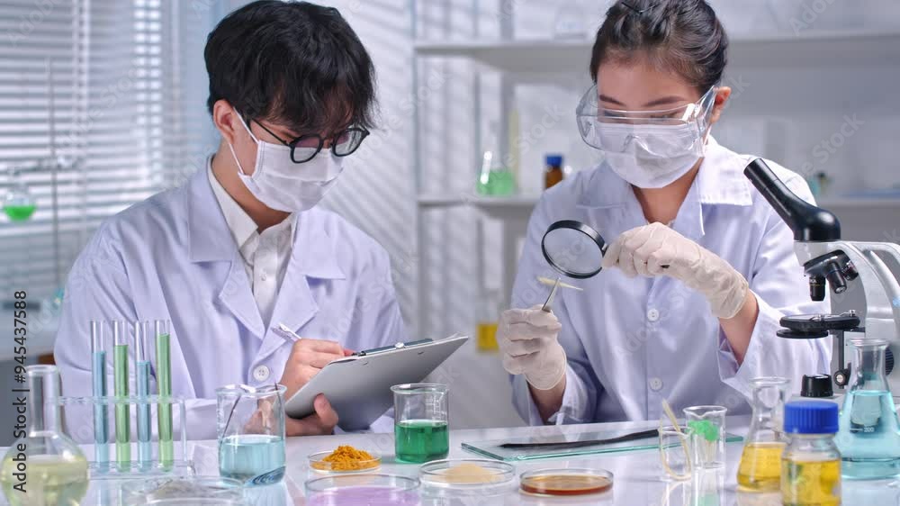 The hair lab scene is set up with experimental equipment, with researchers observing hair strands under a magnifying glass, while others take notes and discuss with each. The hair lab scene is set up with experimental equipment, with researchers observing hair strands under a magnifying glass, while others take notes and discuss with each.