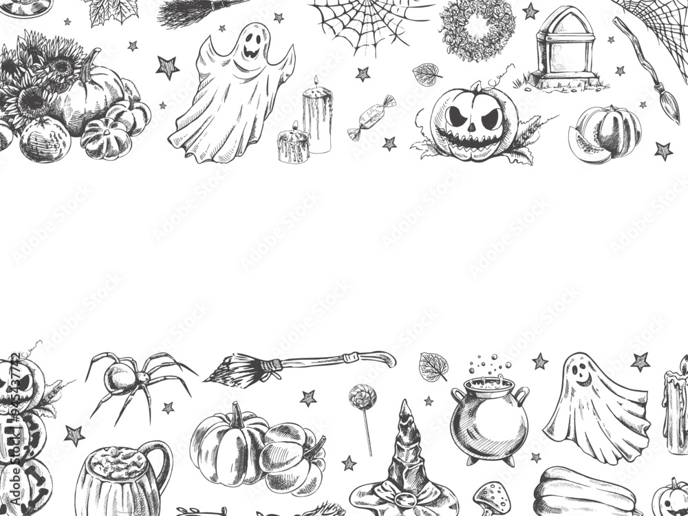 Obraz premium Set of halloween elements in sketch style. Design of ghosts, creepy and spooky elements for halloween decorations, sketch, icon. Hand drawn vector template