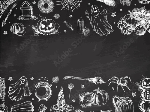 Set of halloween elements in sketch style. Design of  ghosts, creepy and spooky elements for halloween decorations, sketch, icon. Hand drawn vector template on chalkboard  background.