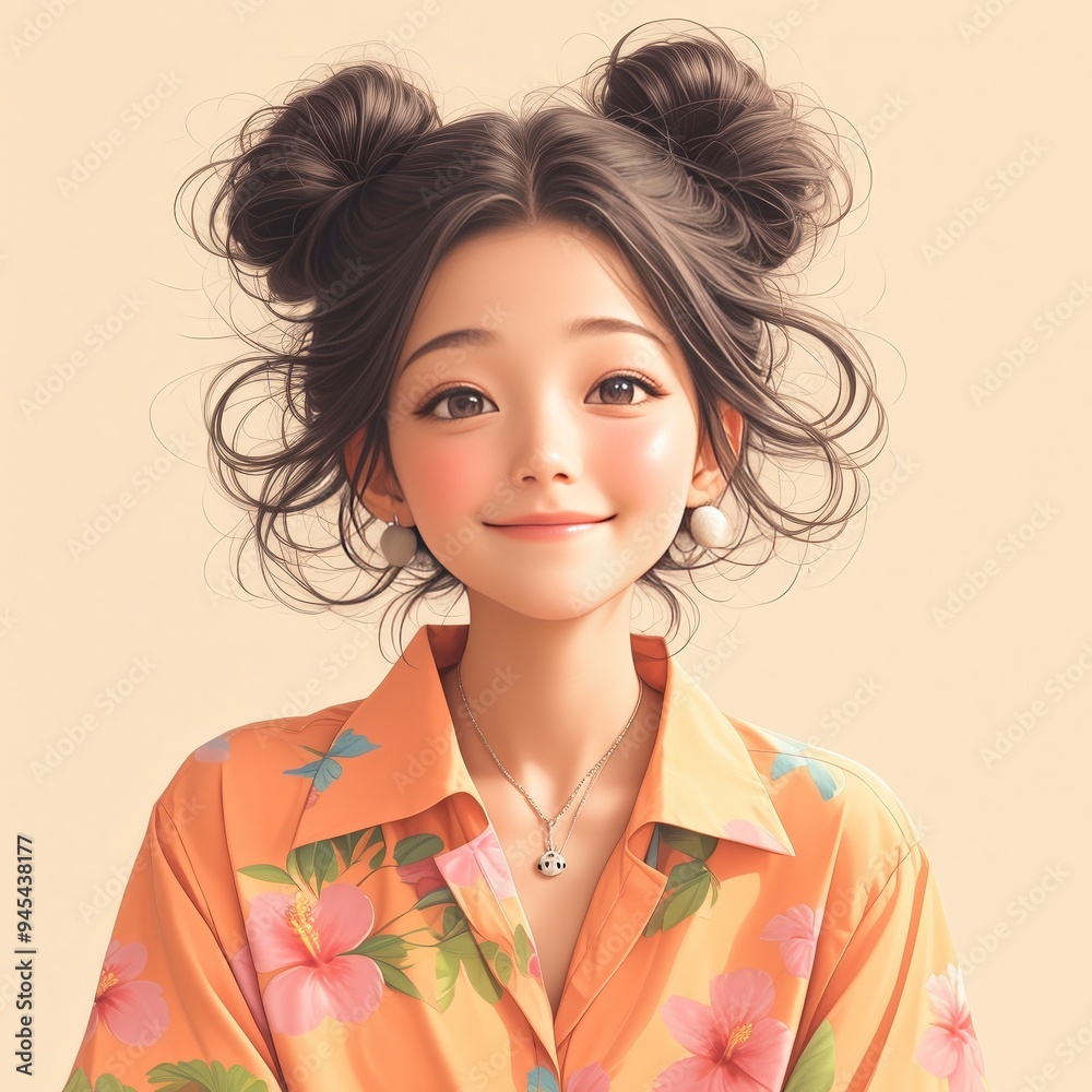A cheerful young woman with styled hair wearing a floral shirt, exuding a friendly vibe. A cheerful young woman with styled hair wearing a floral shirt, exuding a friendly vibe.