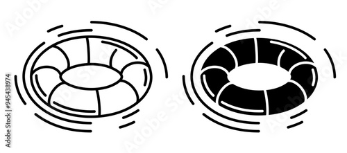 Linear icon, Isometric life buoy floats on surface of water. Salvation in external situations. Life insurance. Simple black and white vector isolated on white background