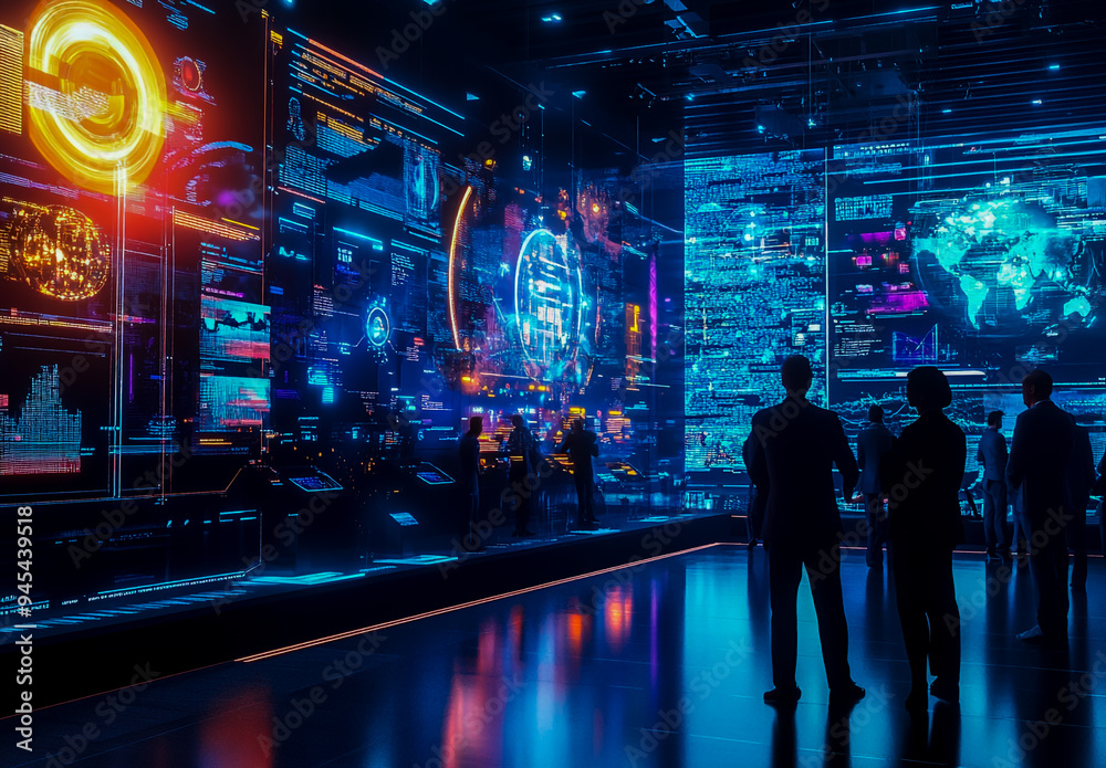 A futuristic technology exhibition hall with holographic screens and digital displays A futuristic technology exhibition hall with holographic screens and digital displays