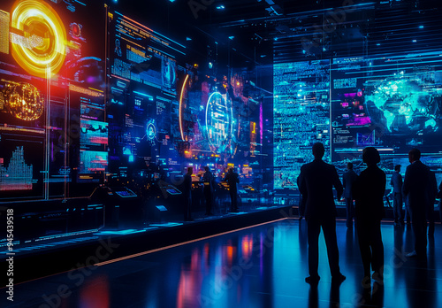A futuristic technology exhibition hall with holographic screens and digital displays