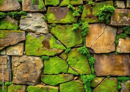 Moss-covered, weathered stone wall with intricate cracks and fissures, displaying a mesmerizing blend of earthy tones and lush green hues in a distressed texture. photo