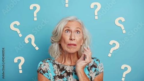 Confused Senior Woman With Thinking Expression Surrounded By Question Marks On Blue Background