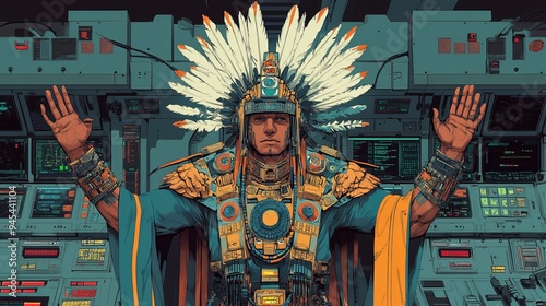 Ancient warrior in futuristic control room with colorful headdress and armor