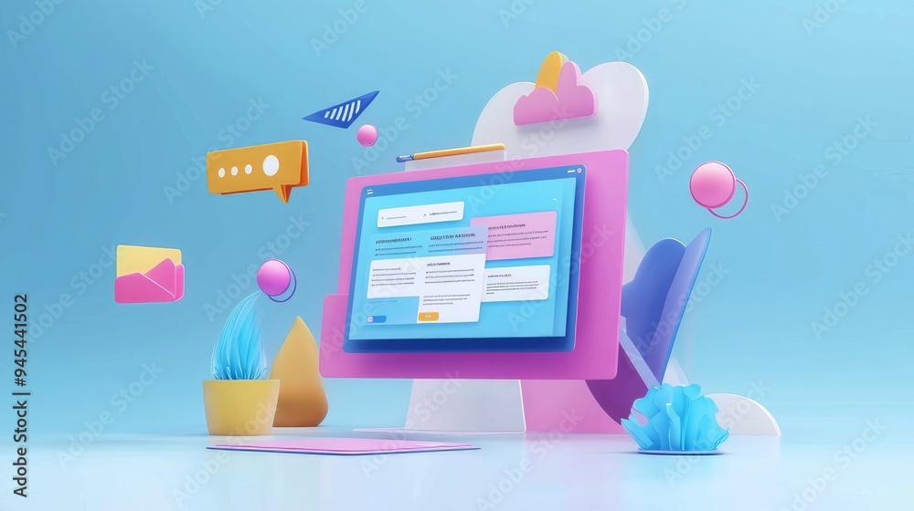 Concept of assembling a web page from modules that fly around the display. The web design studio concept page is on the display Concept of assembling a web page from modules that fly around the display. The web design studio concept page is on the display