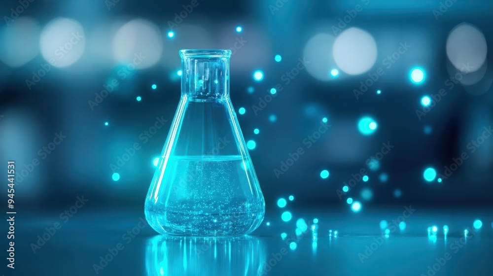 A stunning glass flask filled with liquid, illuminated with cool blue tones and sparkling particles in a laboratory setting. A stunning glass flask filled with liquid, illuminated with cool blue tones and sparkling particles in a laboratory setting.