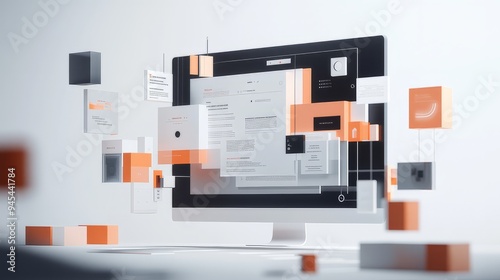 Concept of assembling a web page from modules that fly around the display. The web design studio concept page is on the display photo