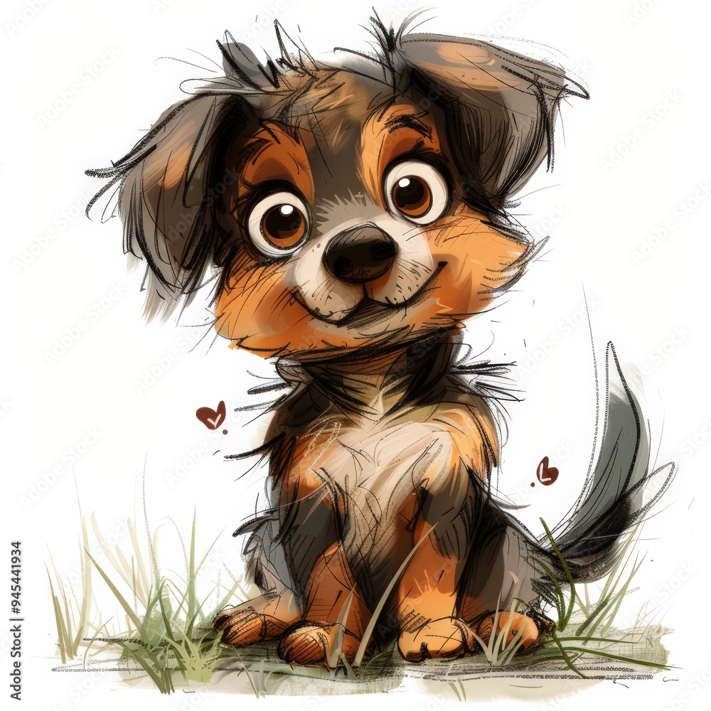 Naklejka premium A cute, cartoon-style dog with big, brown eyes and a happy expression sits in the grass