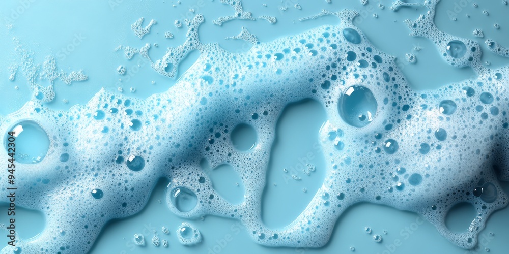 Gentle Foam and Bubbles on Soft Skin Texture with Light Blue Background. Minimalist Color Block Design Style Close-up. Gentle Foam and Bubbles on Soft Skin Texture with Light Blue Background. Minimalist Color Block Design Style Close-up.