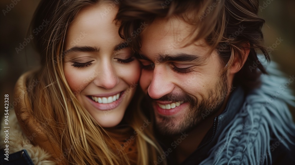 A close-up portrait of a happy couple embracing, smiling warmly at each other. The woman has long, wavy hair and is wearing a cozy scarf, while the man has tousled hair and a leather jacket. A close-up portrait of a happy couple embracing, smiling warmly at each other. The woman has long, wavy hair and is wearing a cozy scarf, while the man has tousled hair and a leather jacket.