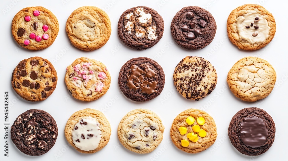 A diverse collection of assorted cookies with mixed toppings, including chocolate chips, nuts, and colorful candies, perfectly aligned on a white background for a sweet treat. A diverse collection of assorted cookies with mixed toppings, including chocolate chips, nuts, and colorful candies, perfectly aligned on a white background for a sweet treat.