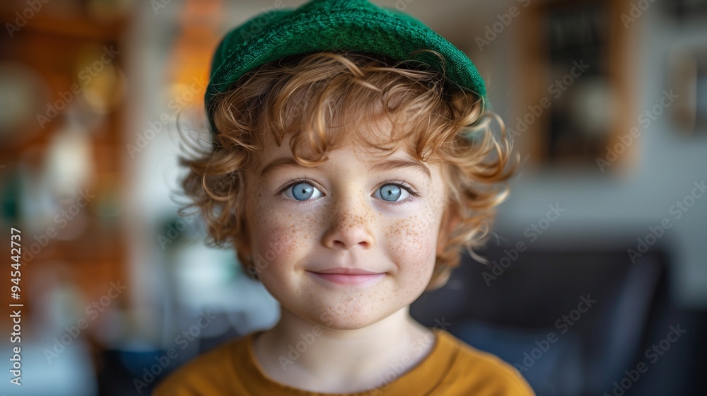 Fototapeta premium A young boy with curly hair and freckles, wearing a green cap and a mustard-colored shirt, smiles warmly at the camera. The background is softly blurred, suggesting a cozy indoor setting.