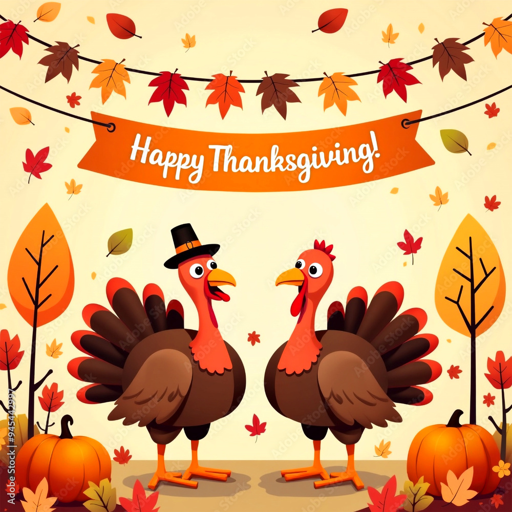Happy Thanksgiving Day poster design with pumpkins and turkey on it.