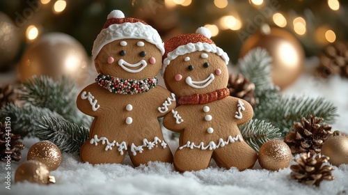 festive gingerbread couple embracing intricately decorated with royal icing on a snowy backdrop with twinkling lights and evergreen sprigs