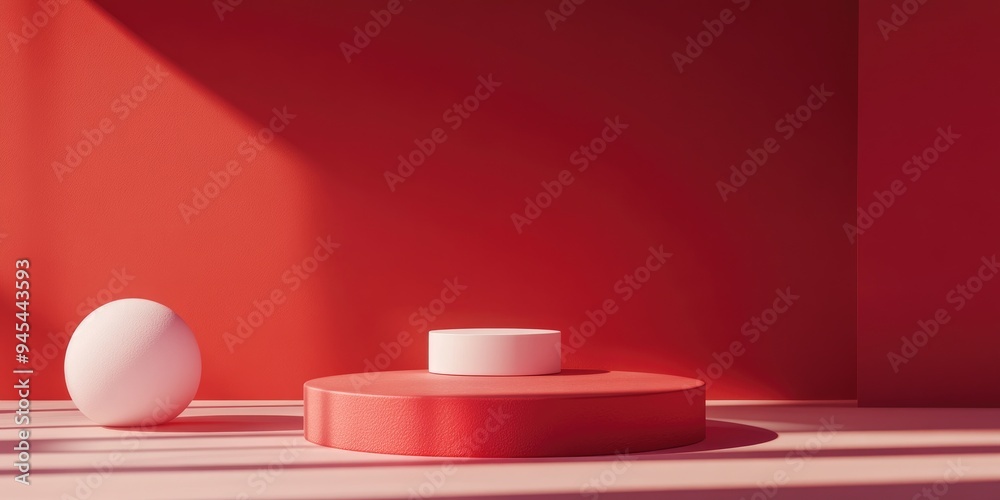 3D rendering of a minimalistic backdrop for cosmetic cream products featuring a contemporary red podium 3D rendering of a minimalistic backdrop for cosmetic cream products featuring a contemporary red podium