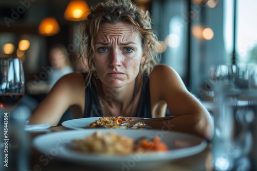 A woman looks visibly disappointed while seated at a restaurant table, reflecting dissatisfaction and disillusionment, creating a narrative about expectations and culinary experience. photo