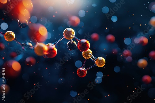 Close-up view of colorful molecules in a captivating, abstract environment with glowing particles and vibrant colors.