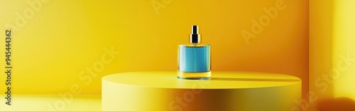 3D render of a yellow podium on a yellow background featuring a display for cosmetic or fragrance products with a simple and clean design for a luxury minimalist mockup