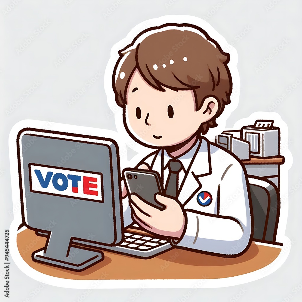 A cartoon man is sitting at a desk and looking at a computer screen. He is holding a cell phone and the screen says Vote A cartoon man is sitting at a desk and looking at a computer screen. He is holding a cell phone and the screen says Vote
