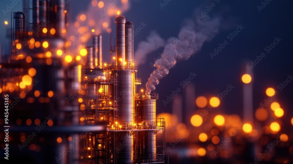 Illuminated industrial area at dusk, showcasing smokestacks and glowing lights, representing energy production and urban development. Illuminated industrial area at dusk, showcasing smokestacks and glowing lights, representing energy production and urban development.