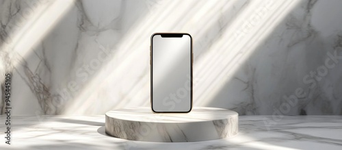 3D rendered illustration of a smartphone mockup UI app display interface on a marble podium stage with a white background featuring a premium minimalist design in gold