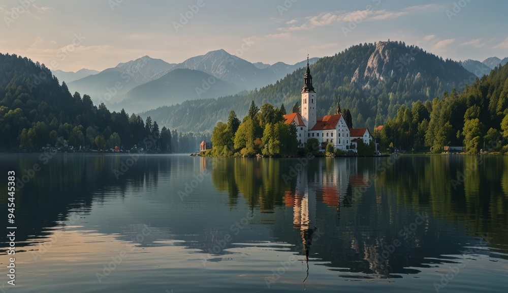 Fototapeta premium Serene Lake Landscape at Sunrise