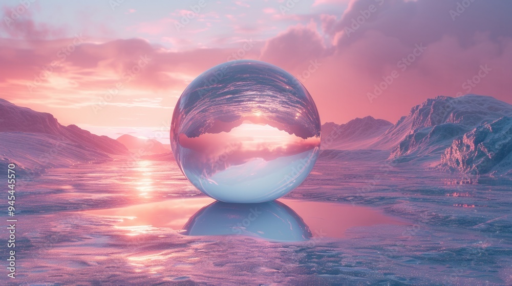 A reflective sphere on a serene, icy landscape with a colorful sunset sky background, capturing a surreal and tranquil winter scenery. A reflective sphere on a serene, icy landscape with a colorful sunset sky background, capturing a surreal and tranquil winter scenery.
