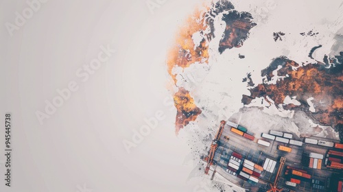 A creative representation of a world map with Earth's continents in a rust-like texture, featuring vibrant cargo ships on a white background