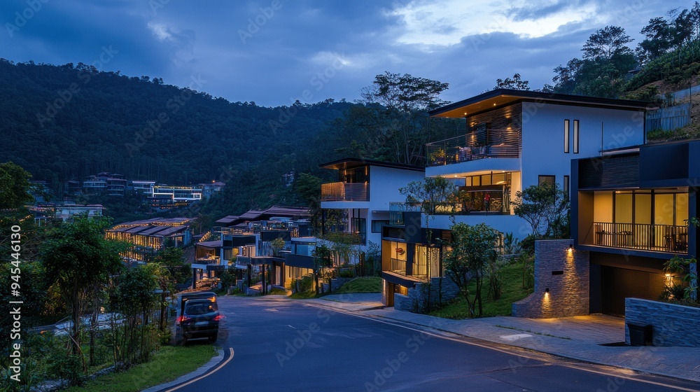 Modern luxury homes nestled in the hillside at dusk. Modern luxury homes nestled in the hillside at dusk.