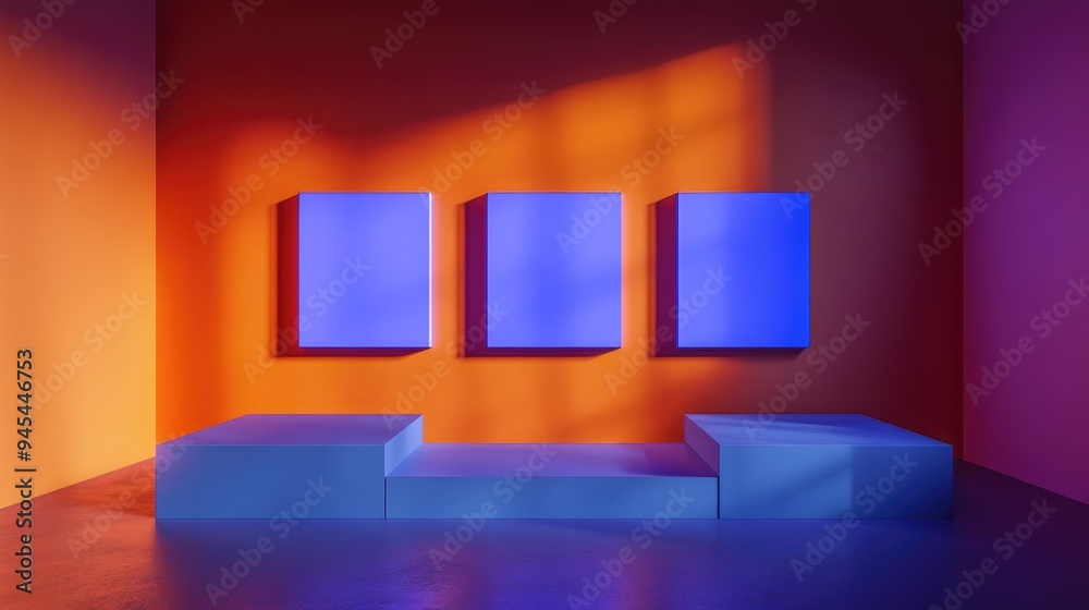 3D rendering showcasing a top down perspective of an orange room featuring three central blue squares illuminated by front lighting with a purple wall casting deep shadows and blue platforms for pr 3D rendering showcasing a top down perspective of an orange room featuring three central blue squares illuminated by front lighting with a purple wall casting deep shadows and blue platforms for pr