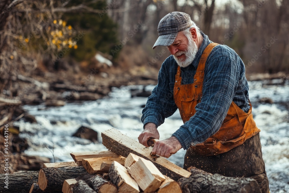 An experienced woodworker wearing a cap and overalls is captured chopping wood beside a serene river, embodying the essence of hard work, nature, and traditional craftsmanship.
