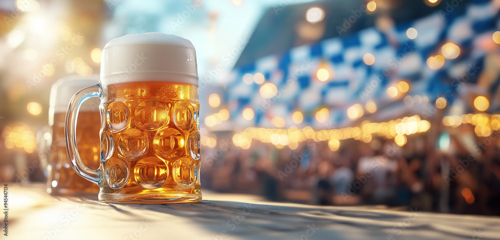 Zwei Humpen Bier stehen auf Tisch vor Oktoberfestzelt Zwei Humpen Bier stehen auf Tisch vor Oktoberfestzelt