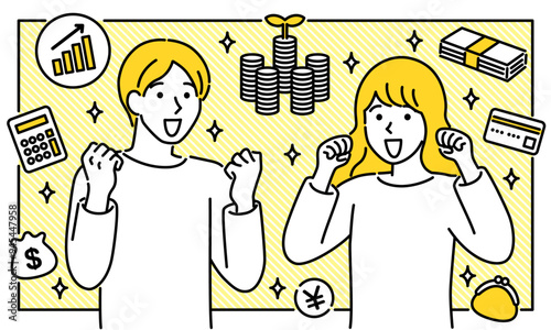 お金と資産運用にわくわくする男女カップルのベクターイラスト