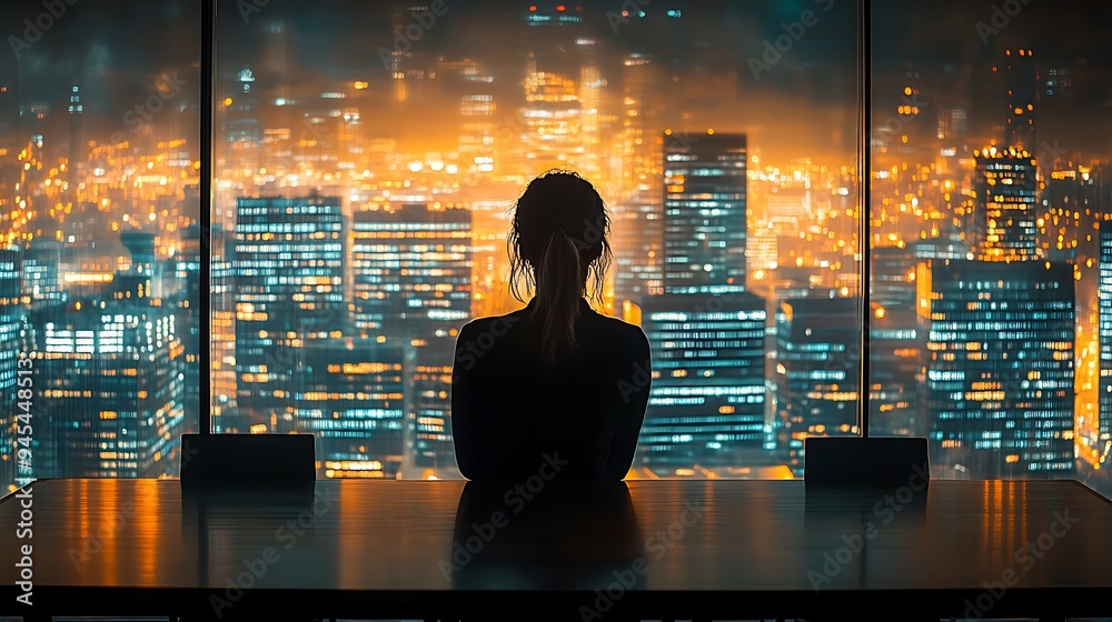 A woman sits at a table looking out a window at a cityscape with the lights on in the evening. A woman sits at a table looking out a window at a cityscape with the lights on in the evening.