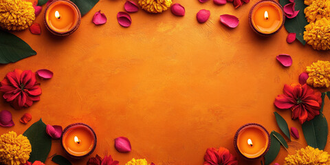 Diwali festive background with burning diya lamps and flowers over orange textured background with copy space for your greetings. Flat lay, top view. Copy space. Mock up. Banner