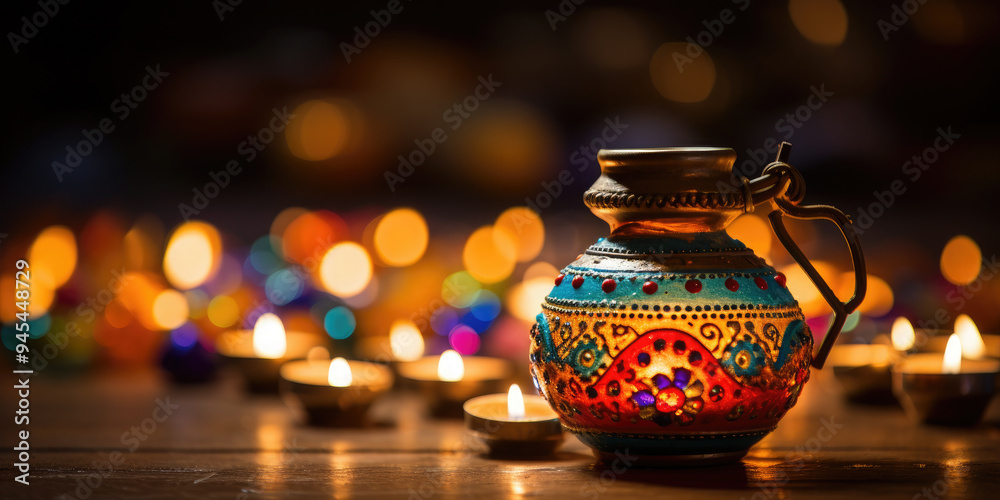 Beautifully decorated diwali lamp glowing brightly, creating a warm and inviting atmosphere for the celebration of the festival of lights. Banner Beautifully decorated diwali lamp glowing brightly, creating a warm and inviting atmosphere for the celebration of the festival of lights. Banner