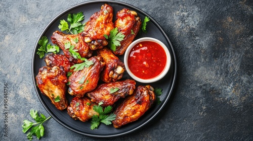 A plate of Southwest-style chicken wings with dipping sauce, top view, with copy space available.